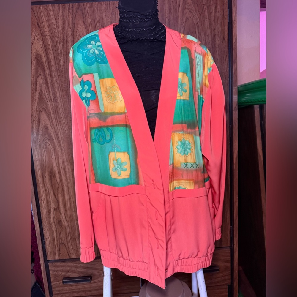 Coral super soft windbreaker style jacket from 80s/90s era  whimsical florals